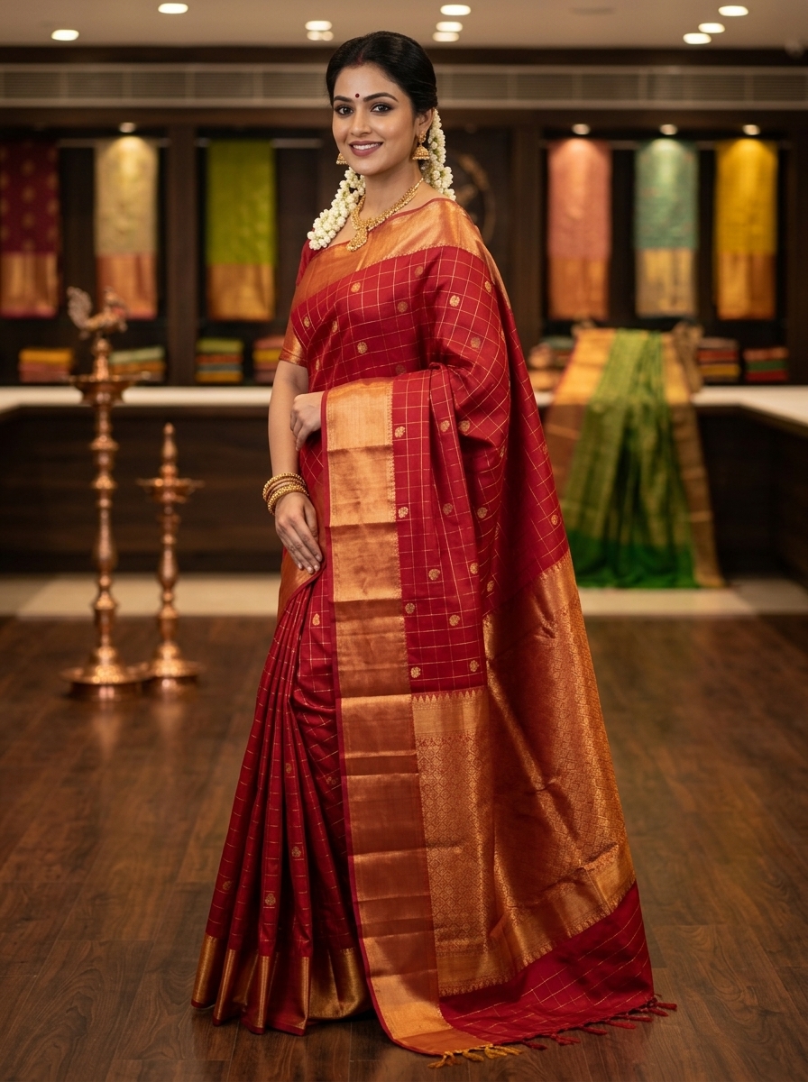 Maroon Handloom Pure Silk Kanjivaram Gold Zari Border Saree